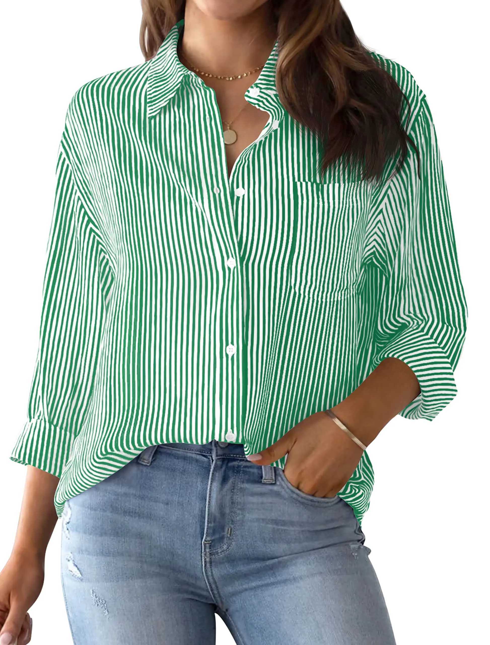 2024 Womens Shirt and Shirt Solid Color Stripe Classic Shirt Casual Fashion Daily Basic Shirt Summer Womens Loose Style W240912