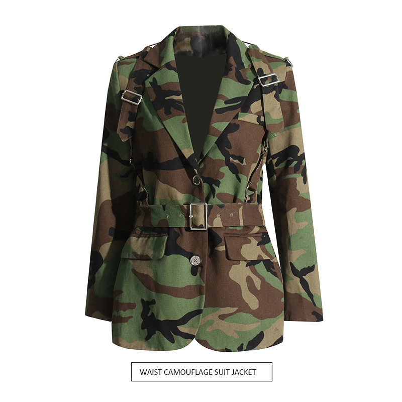 business suit fashionable and personalized camouflage suit 2024 new style niche design printed lace up waist cinching slimming suit jacket for women