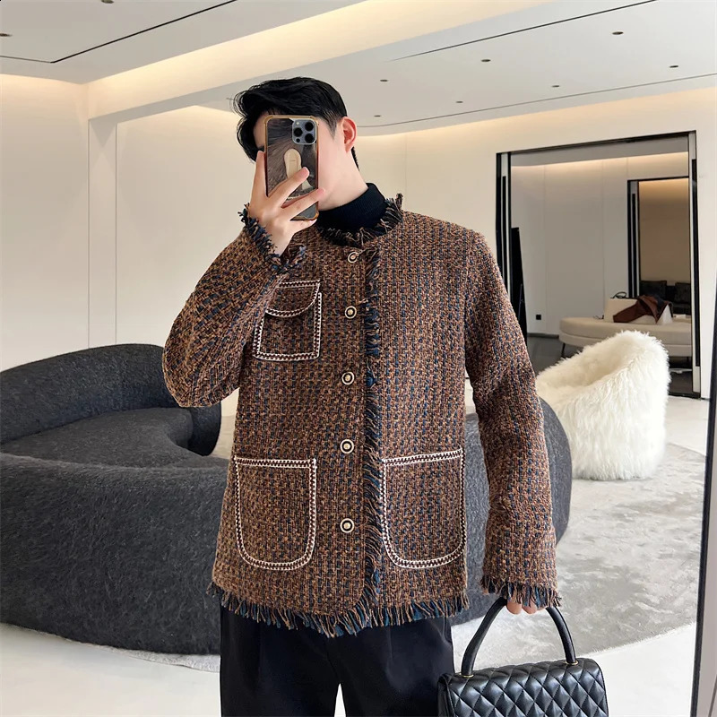 NOYMEI Tweed Brown Woven Suit Jacket Damaged Rough Edges Men Round Neck Metal Button Coat Autumn Small Fragrance Top WA2921 240911