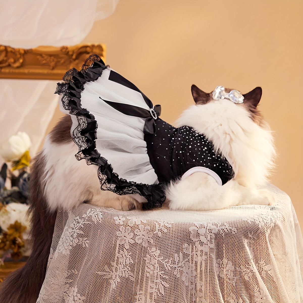 Polka Dot Tutu Dog Dress with Lace Trim, Formal Pet Wedding Attire, Sparkling Sequin Photo Prop, Black and White Cotton-Poly Ble H260129