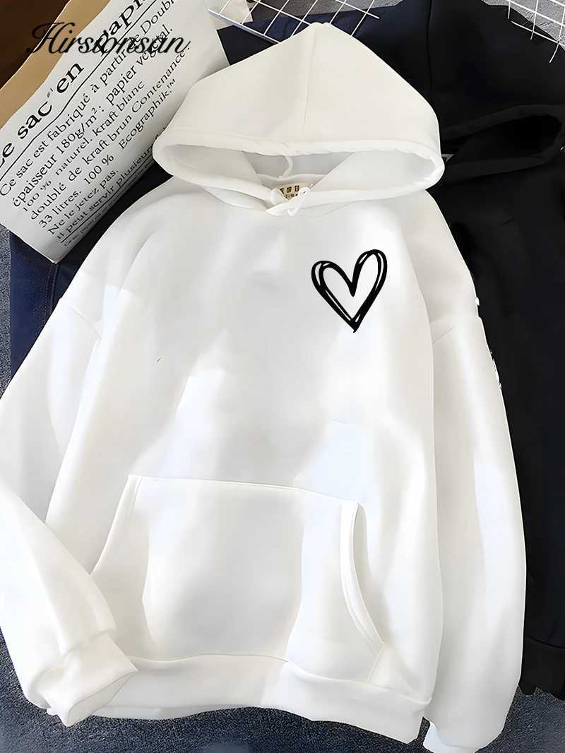 Hirsionsan Simplic Heart Print Women Sweatshirt Soft Casual Loose Vintage Female Hoodies 2023 Winter Warm Fleece Student TopsX241016