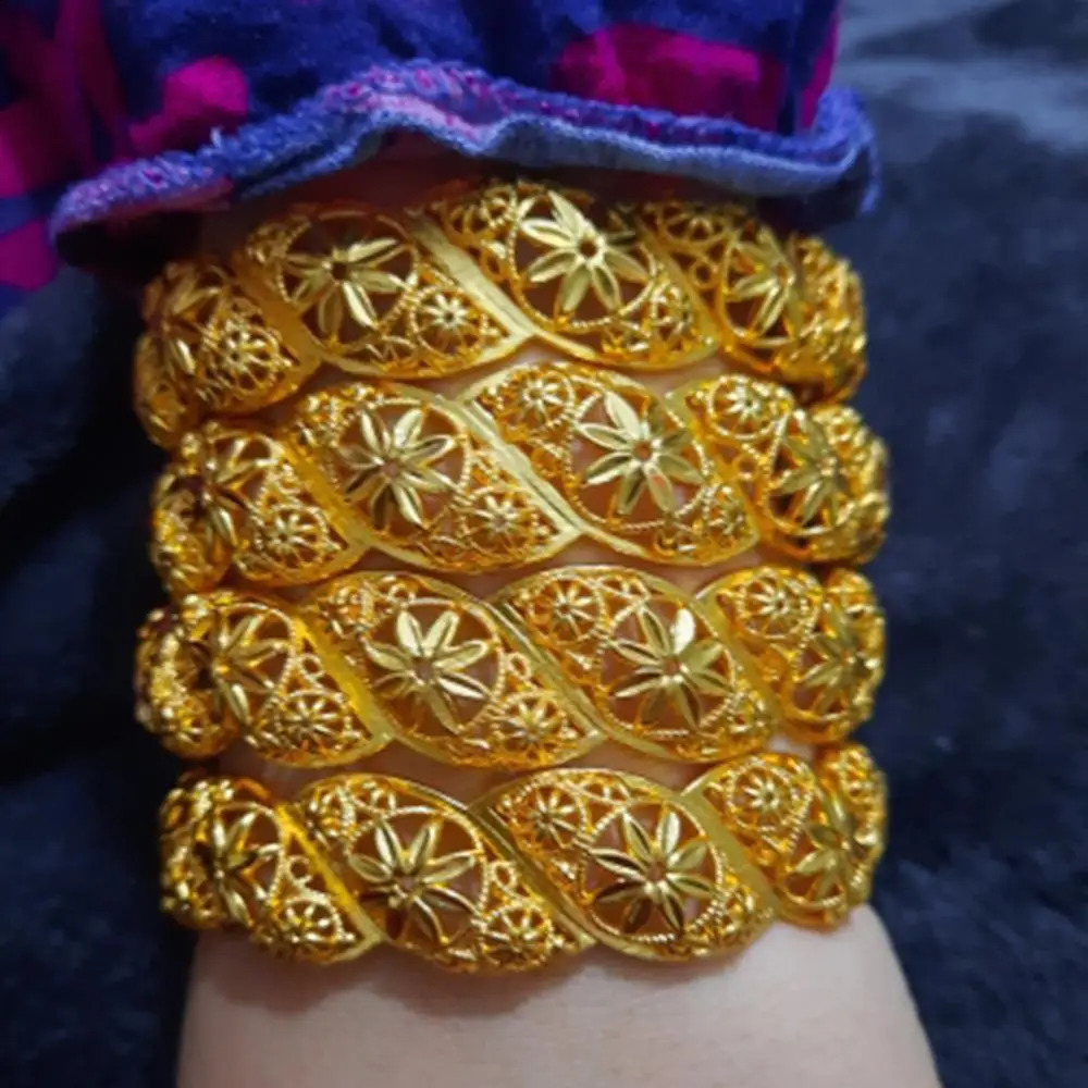 4 pieces/batch Ethiopian African Gold Bracelets Womens Flower Bridal Bracelets African Wedding Jewelry Middle East Project 240911