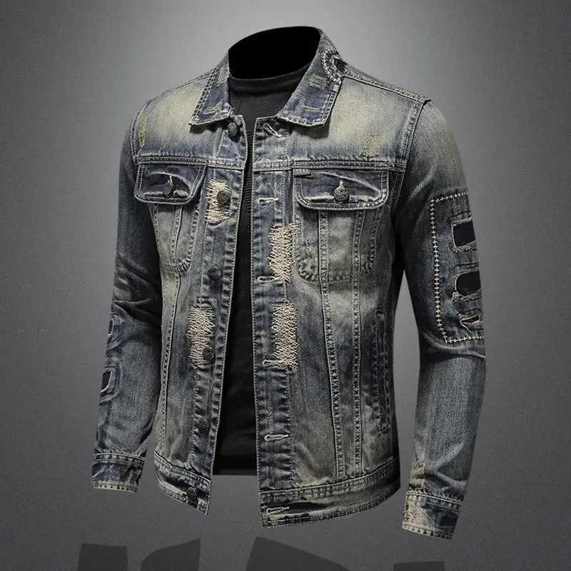 New mens denim jacket retro trend loose casual street denim jacket high street fashion hole ultra-thin lapel denim jacket W241011