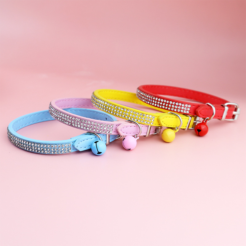 Shiny Rhinestone Cat Collar Leather Adjustable Pet Collar with Bell To Prevent Lost Fit for Cat and Puppy Kitten Accessories