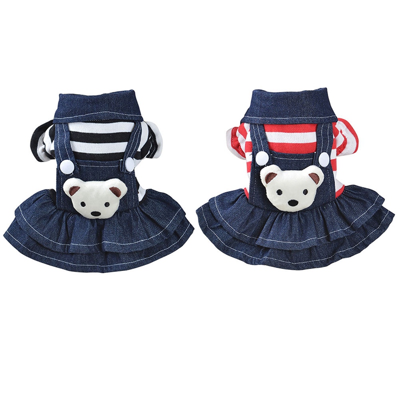 Spring Summer Pet Dog Clothes Striped Bear Cute Cat Strap Denim Skirt Yorkie Chihuahua Dresses Puppy Clothes Small Dogs Dress