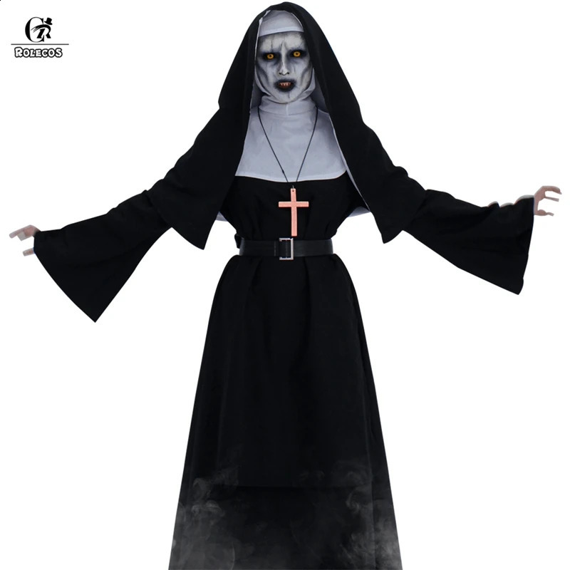 ROLECOS The Nun Cosplay Costume Horror Films Cosplay Cross Ghost Halloween Costume Black Women Halloween Costume 240911