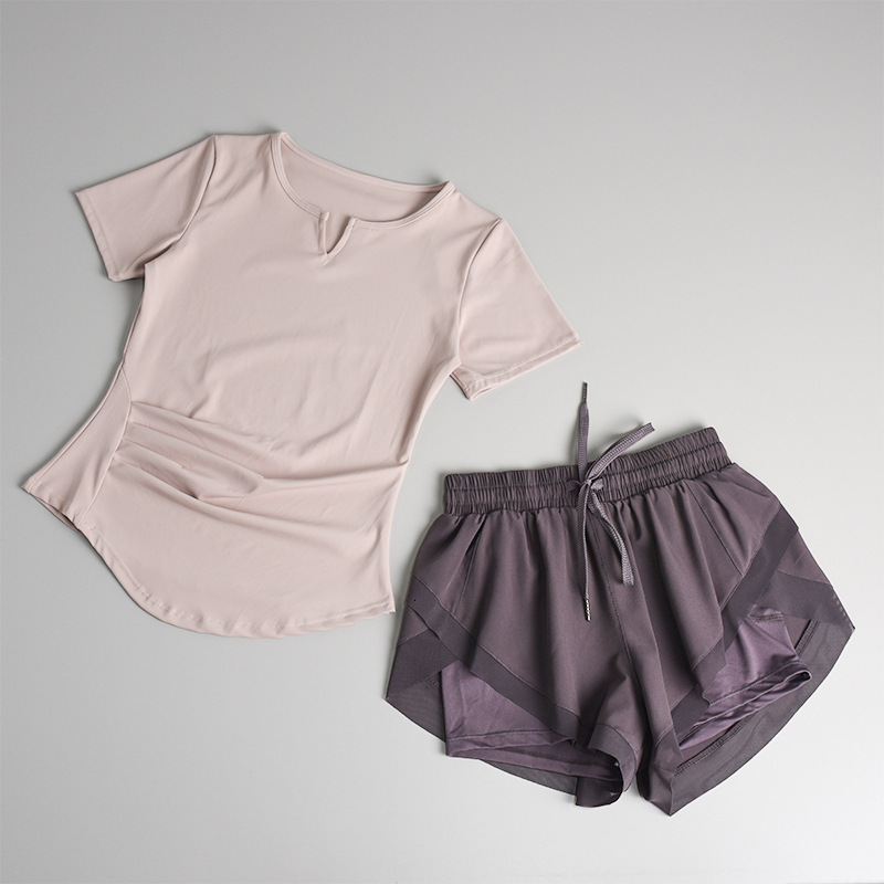 Fitness set for women, summer quick drying short sleeved sexy morning running training sportswear, professional high-end fashionable yoga clothes