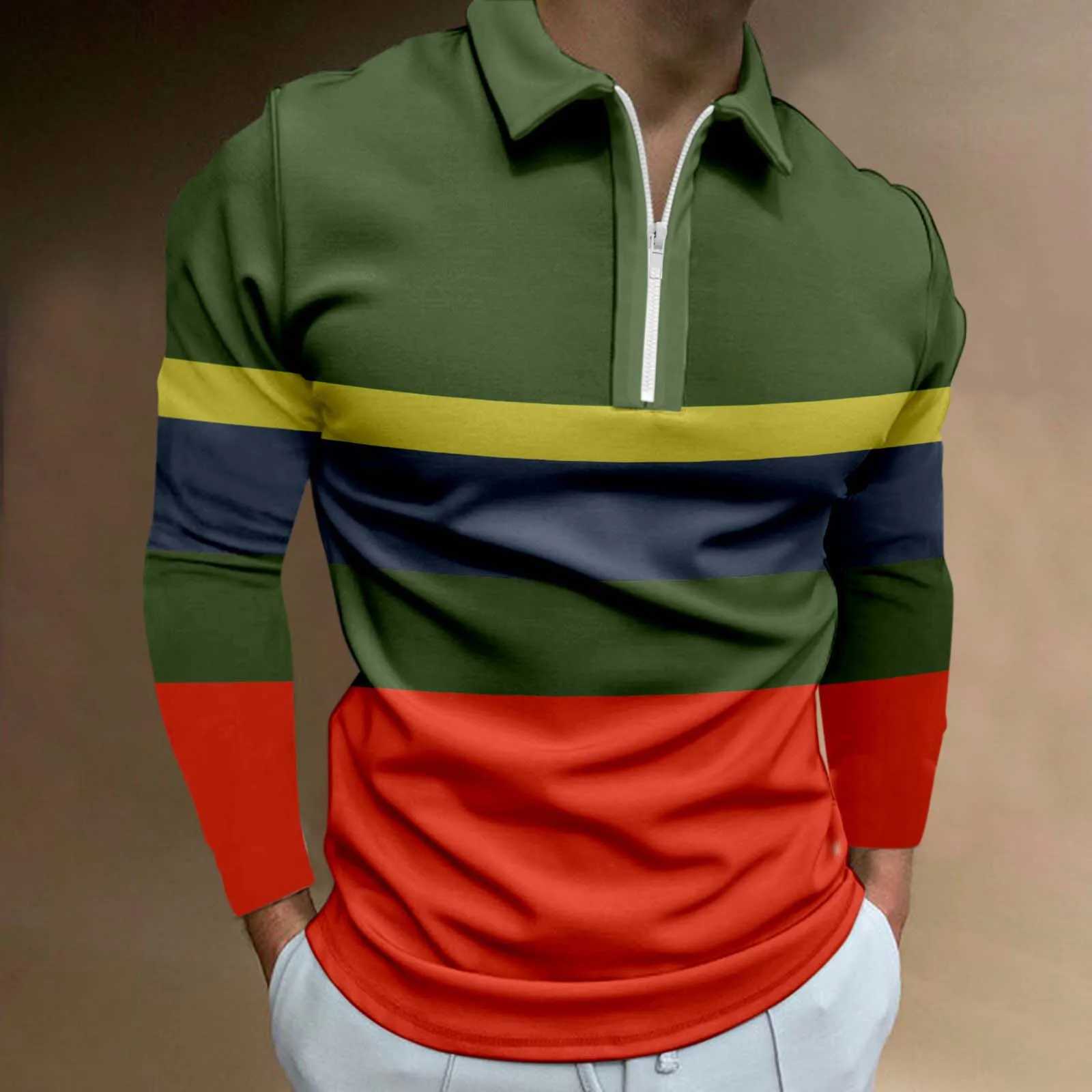 Mens Striped Polo Shirt Long Sleeve Zipper Turn Down Collar Slim Fitness T-Shirts Harajuku Business Office Work Tee Shirts TopsX240912