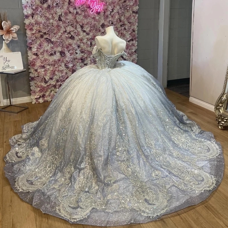 Luxury Silvery Mexican Quinceanera Dressess Off The Shoulder Applique Lace Beads Crystal Tull vestido 15 De Corset Party Birthday Lace Up Swee 16 Dres