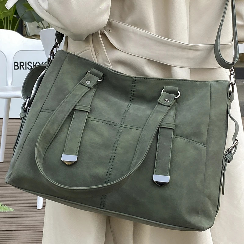 Womens Retro Green Suede Shoulder Bag Vintage Quality Nubuck Leather Ladies Elegant Tote Handbag Female Crossbody Bags 240907
