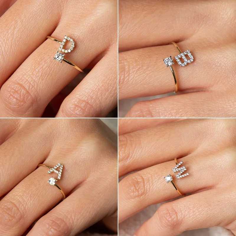 2024 Trends A-Z Womens Initial Ring Open Adjustable Stainless Steel Wedding Ring Zircon Couple Jewelry Accessories Gift W240925