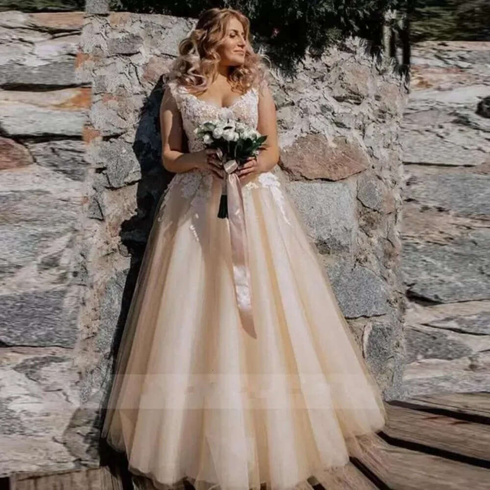 Wedding Champagne Bridal Dresses Gowns A Light E White Lace Applique Covered Buttons Corset Back Or Length Tulle Country Beach Vestido De Novia Ppliqu