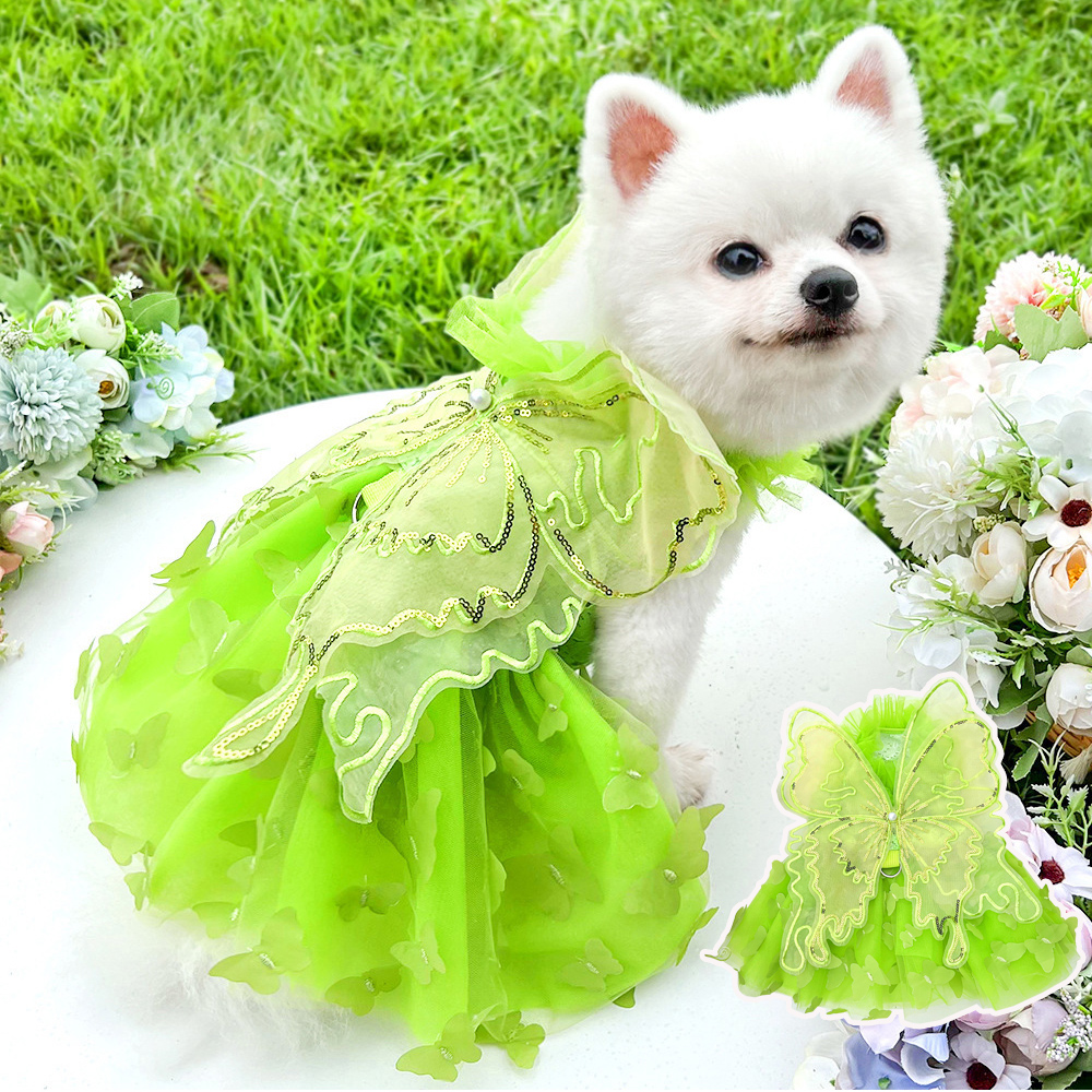 Big Butterfly Small Dogs Dress Puppy Bridal Gown Tulle Skirt Sequin Mesh Lace Thin Pet Apparel Pet Butterfly Princess Dress