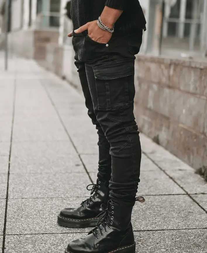 Mens jeans pencil pants cargo denim solid ankle length wash pocket mid waist leather case slim stretchy high street 2024 W240912