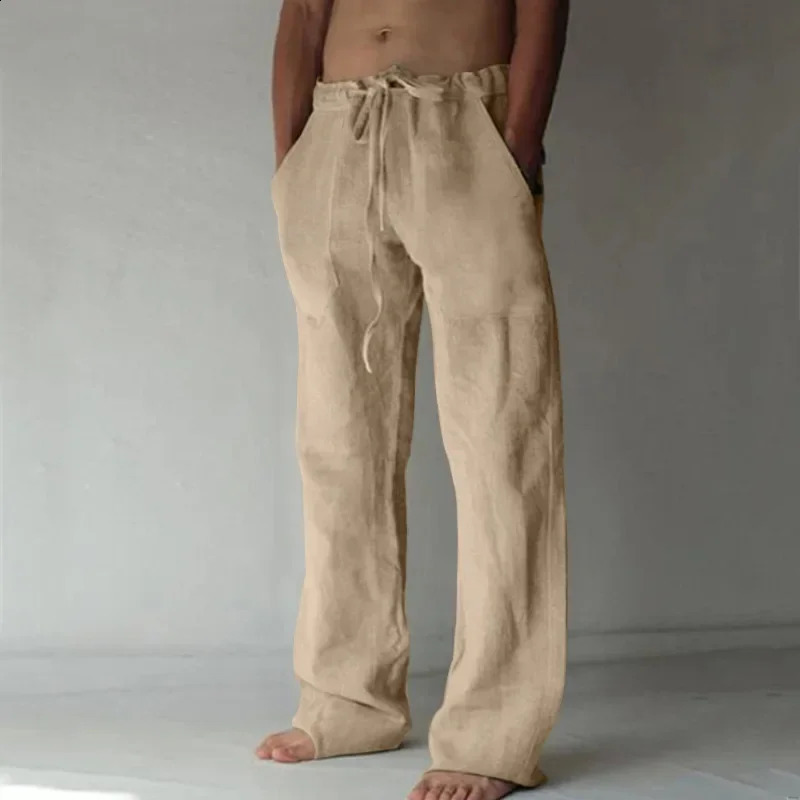 Mens Cotton Linen Long Pants Summer Solid Color Breathable Trousers Male Casual Elastic Waist Harajuku Trous 240911