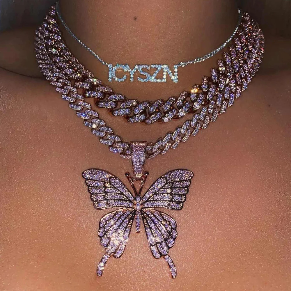 HipHop Pink Blue 9MM Cuban Link Chain Necklace for Women Iced Out Crystal Butterfly Pendant Choker Necklace Fashion Jewelry Gift 240903