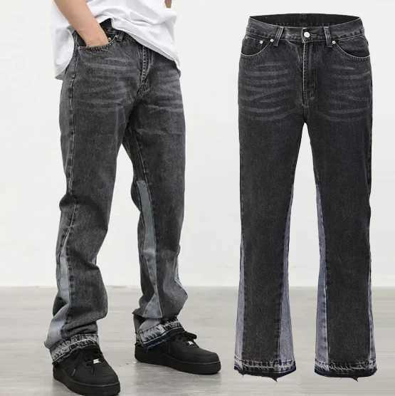 High Quality Mens Jeans Casual Black and Grey Patchwork Vintage Wash Jeans Trousers Men Custom Flares Denim Jeans M240912