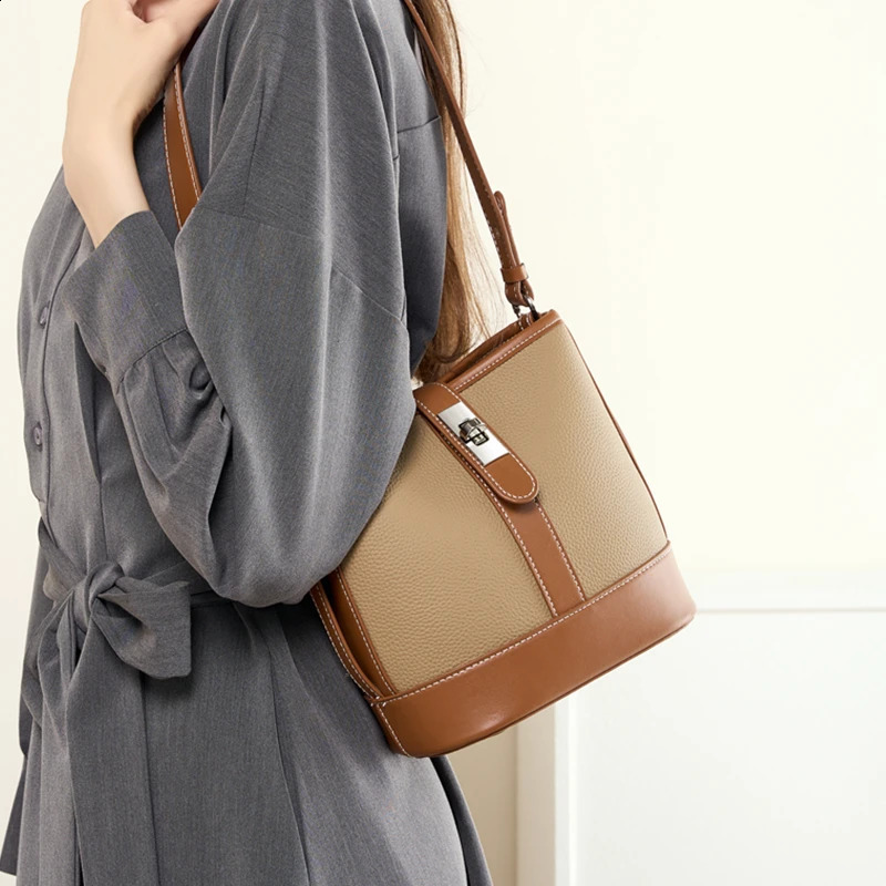 Burminsa Cowhide leather bucket womens shoulder bag trend ner cross body wallet basket handbag 240910