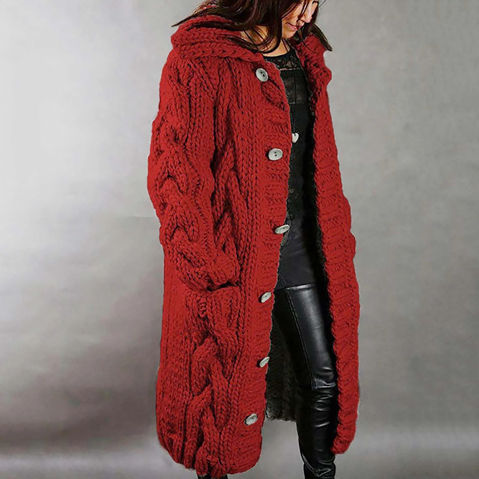 Womens knitted cardigan wool sweater autumn winter womens sweater loose double pocket oversized casual long skirt 240912