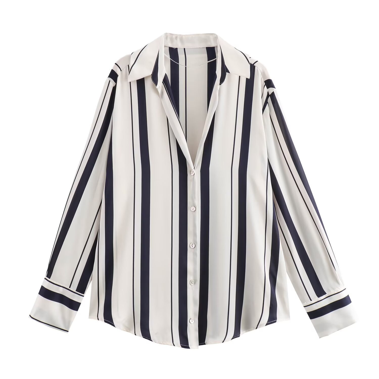 New Womens Silk Satin Texture Autumn Striped Printed Long Sleeved V-neck Loose Commuting Shirt