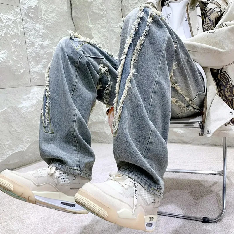 Y2K Streetwear Cross Patchwork Baggy Stacked Jeans Pants For Men Clothing Straight Women Old Denim Trousers Pantaloni Uomo 240830