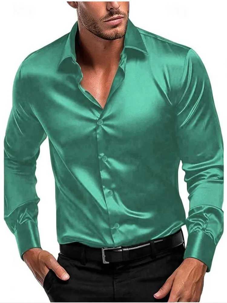 Men's Casual Shirts Casual mens satin silk dress shirt Long sleeve Society single breasted lapel shirt Wedding party mens clothes z240912