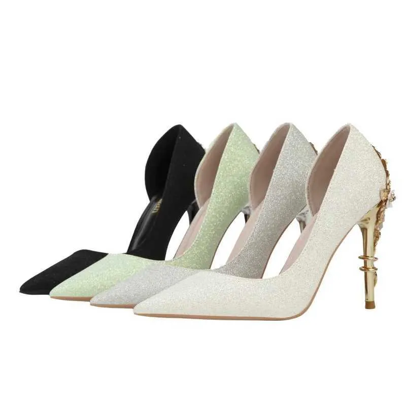 Dress Bridal Shoes Hollow Slip On Metal Heels Sexy Pump Bg Sandals Ladies Lace-Up Pointed Wedge Bride Slip-On Metalic CrossdrL464