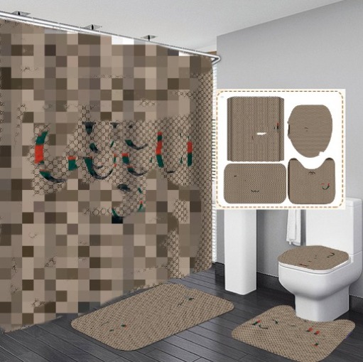 Classics Simple Four-Piece Set Shower Curtain Thickened Waterproof and Mildew-Proof Shower Curtain Cloth Bathroom Shower Curtain Set Partition Curtain Pattern