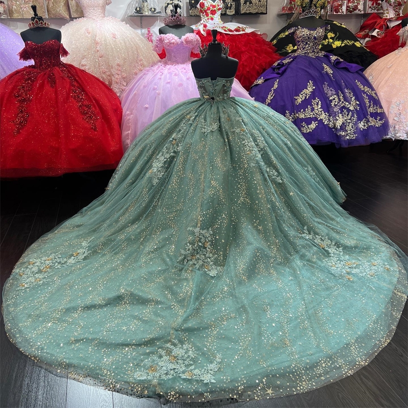 Light Green Shiny Quinceanera Dresses Ball Off Shoulder Lace Applique Beads Crystal Tull Corset Sweet 16 Dress Birthday Party Gown