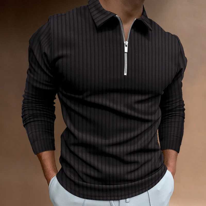 Cross-border spring and autumn mens POLO shirt fashion trend zipper striped long-sleeved mens polo shirtX240912