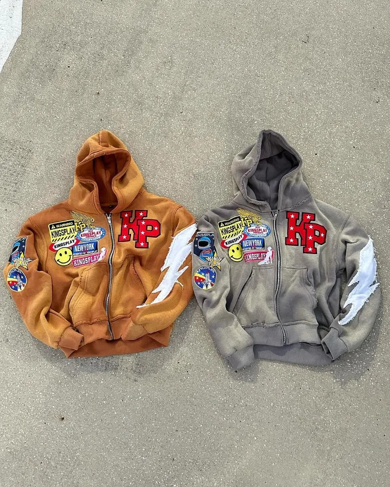 American letter printing lightning embroidery super large hooded sweatshirt for women Y2k street hiphop paradigm casual zipper men 240904