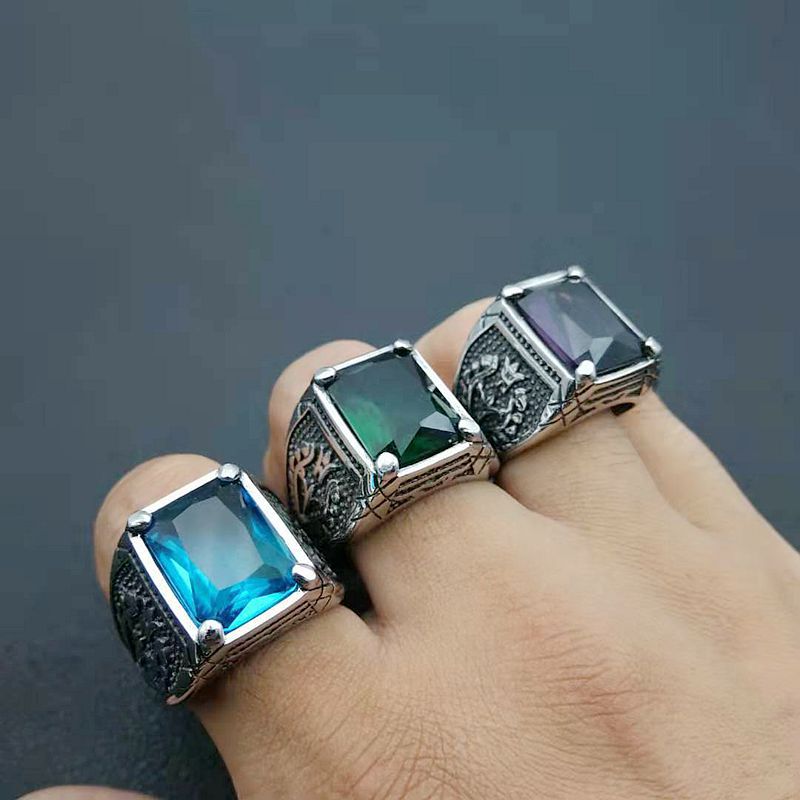Hip Hop Retro Ice Colorful Rhinestone Casting Ring Titanium Steel Mens Jewelry