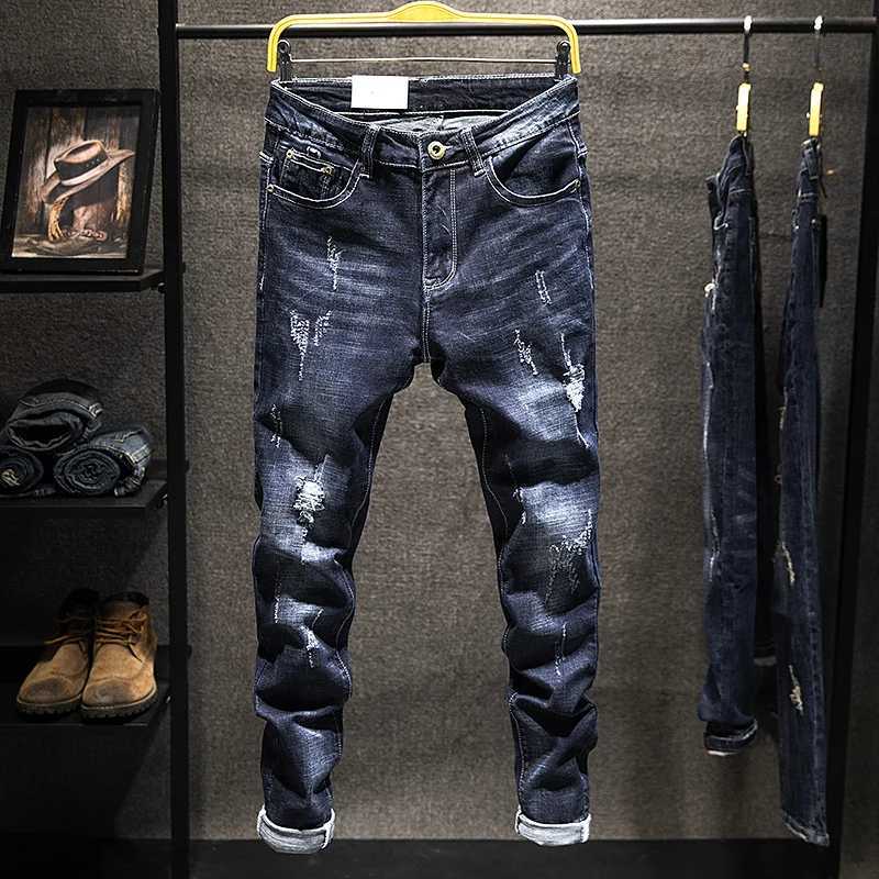 2024 new open top jeans mens slim fit denim pants cotton Korean fashion elastic version blue black mens clothing W250319
