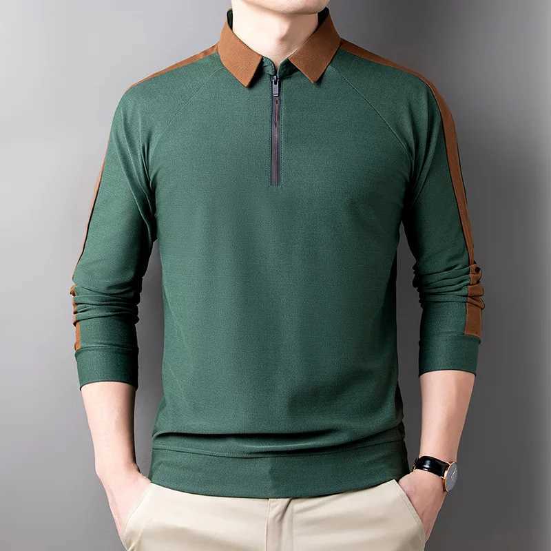 Spring Autumn New Fashion Solid Color POLO Collar Long Sleeve Mens Clothing Pullovers Loose Zipper Trend Thin Bottoming ShirtX2409