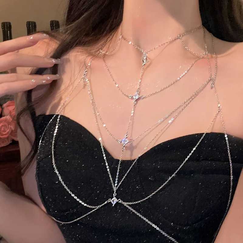 Deluxe square crystal chest chain suitable for Mtilayer silver metal beads zircon body chain sexy beach bikini jewelry gift X250410
