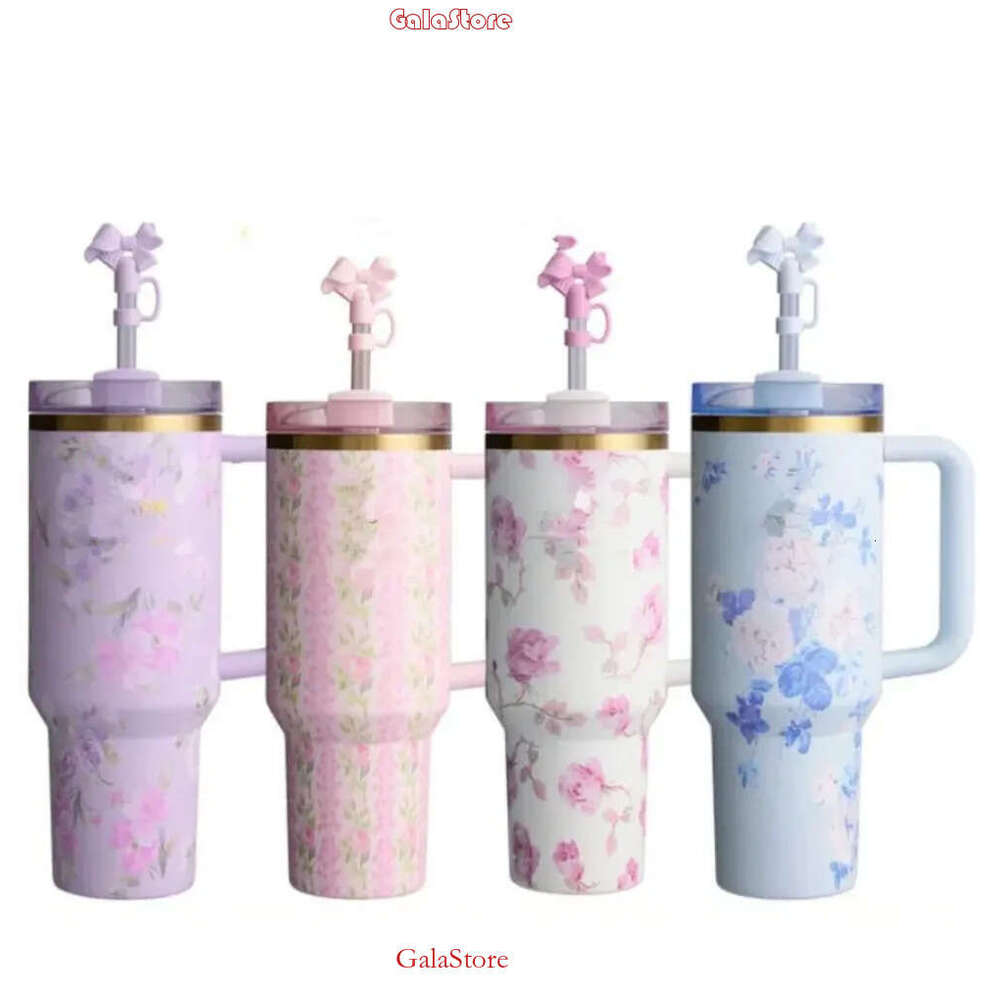 Ship from USA Mugs 40oz TUMBLER Pink Rose Blue Magnolia Mug Holiday Stainless Steel Tumbler with Silicone Handle Lid and Straw Cups Mugs Target water 