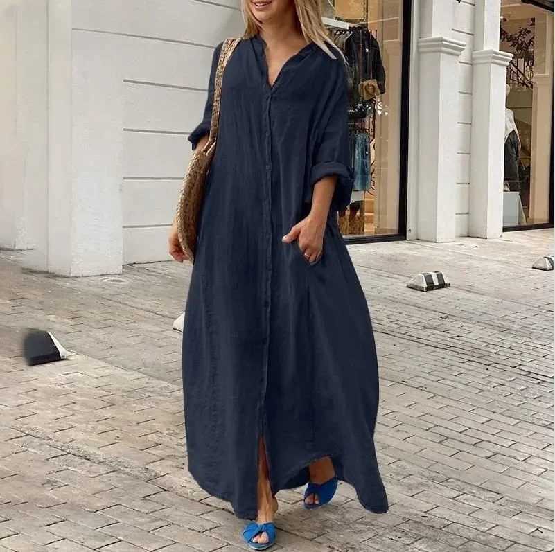 2025 Spring Cotton Linen Oversize Women Dress Long White Button Loose Dresses Female New Casual Trendy Elegant Ladies Clothes