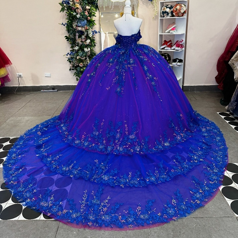 Royal Blue Shiny Ball Gown Charming Quinceanera Dresses Off The Shoulder Applique Lace Beads Tull Sweet 16 Dress Vestidos 15 De Novia