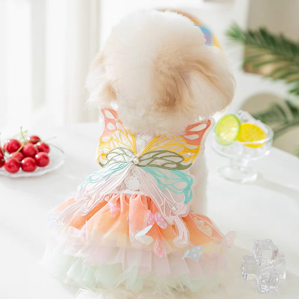 Summer Cat Butterfly Princess Dress Clothes Mesh Lace Pearl Puppy Wedding Skirt For York Chihuahua Poodle Small Dog Dresses H260130