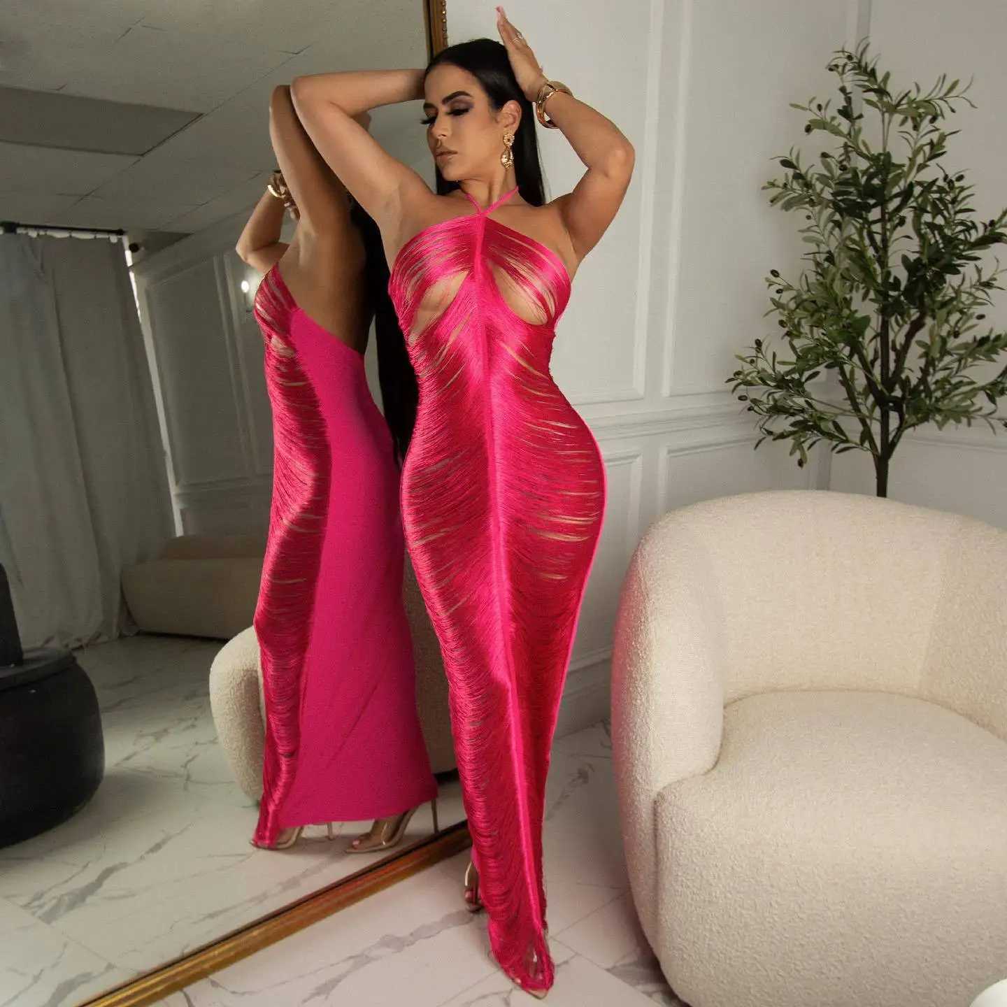 Shiny Metallic Halter Slim Long Dress For Women Female Sleeveless Backless Bodycon Vestidos Ladies Party Club Evening RobesX240912