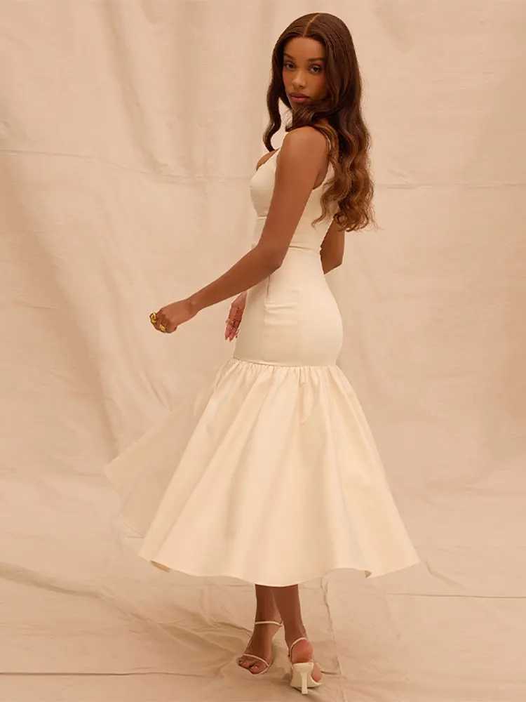 Women Fashion Solid Pleated Hem Maxi Dress Elegant Square Neck Sleeveless Backless Long Dresses 2024 Summer Lady Party VestidoX240912
