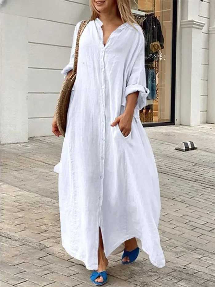 2025 Spring Cotton Linen Oversize Women Dress Long White Button Loose Dresses Female New Casual Trendy Elegant Ladies Clothes