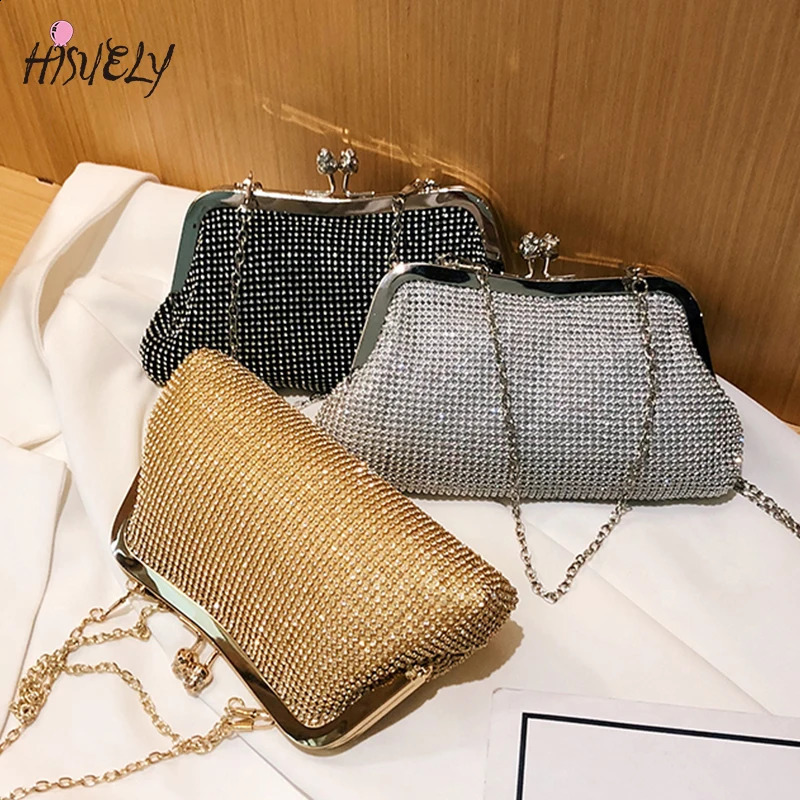 Fashion Gold Diamond Evening Bag Hassp y Handbag Elephant Chain Womens Shoulder Cross Body Wedding Party Clutch 240910