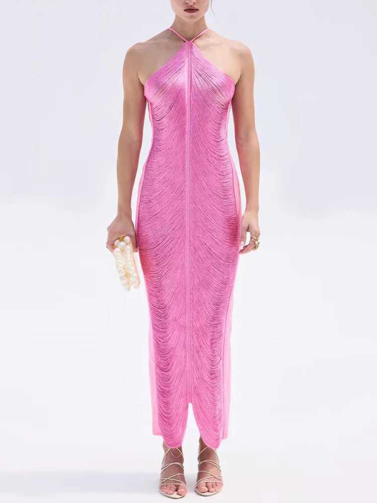 Shiny Metallic Halter Slim Long Dress For Women Female Sleeveless Backless Bodycon Vestidos Ladies Party Club Evening RobesX240912