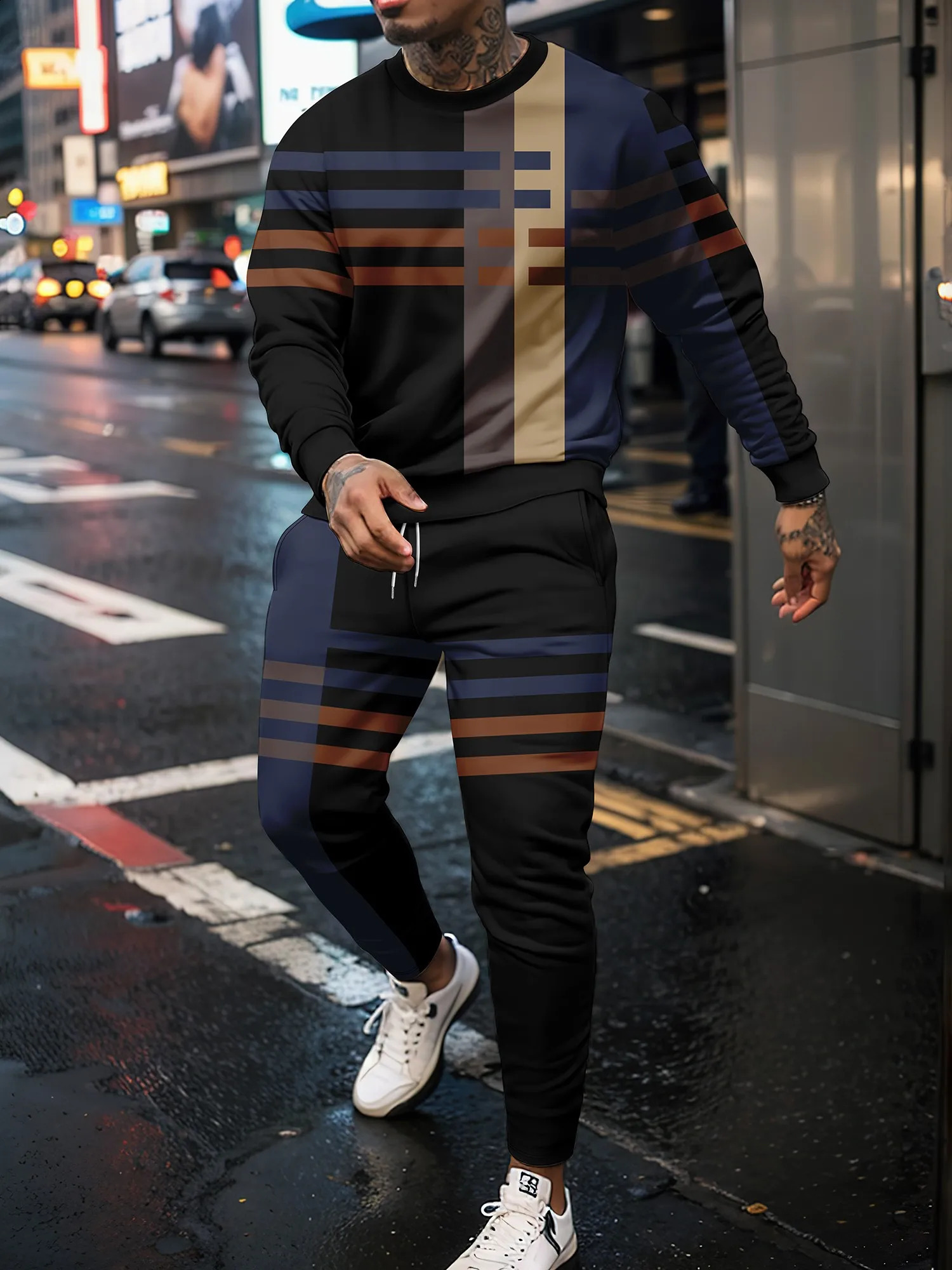 Winter and Autumn 3D Sports Shirt Outdoor Mens Round Neck Hoodie Pants Casual Fitness Basketball Set 240912
