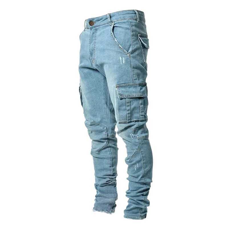 Spring Summer New Mens Clothing Solid Color Stretch Multi-Bag Skinny Pants Slim Slimming Denim Cargo Pants Jeans M240912