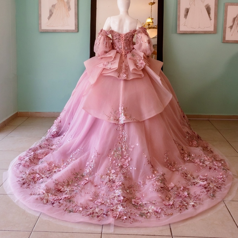 Pink Ball Gown Quinceanera Dresses Charming Appliques Beaded wer Off Shoulder Sweet 16 Dress Lace-up Vestidos 15 De