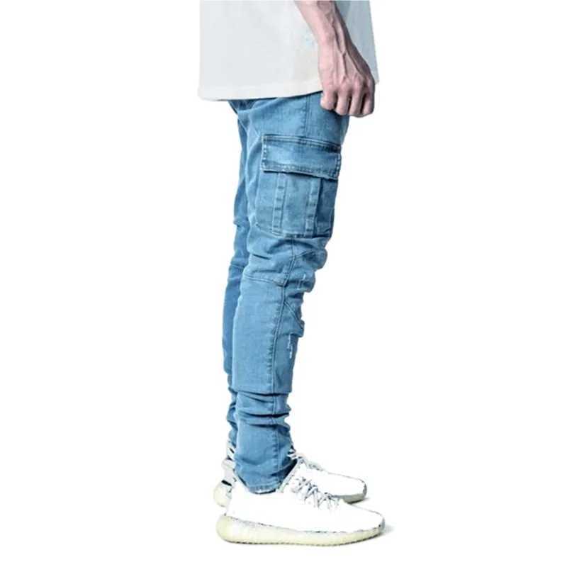 Spring Summer New Mens Clothing Solid Color Stretch Multi-Bag Skinny Pants Slim Slimming Denim Cargo Pants Jeans M240912