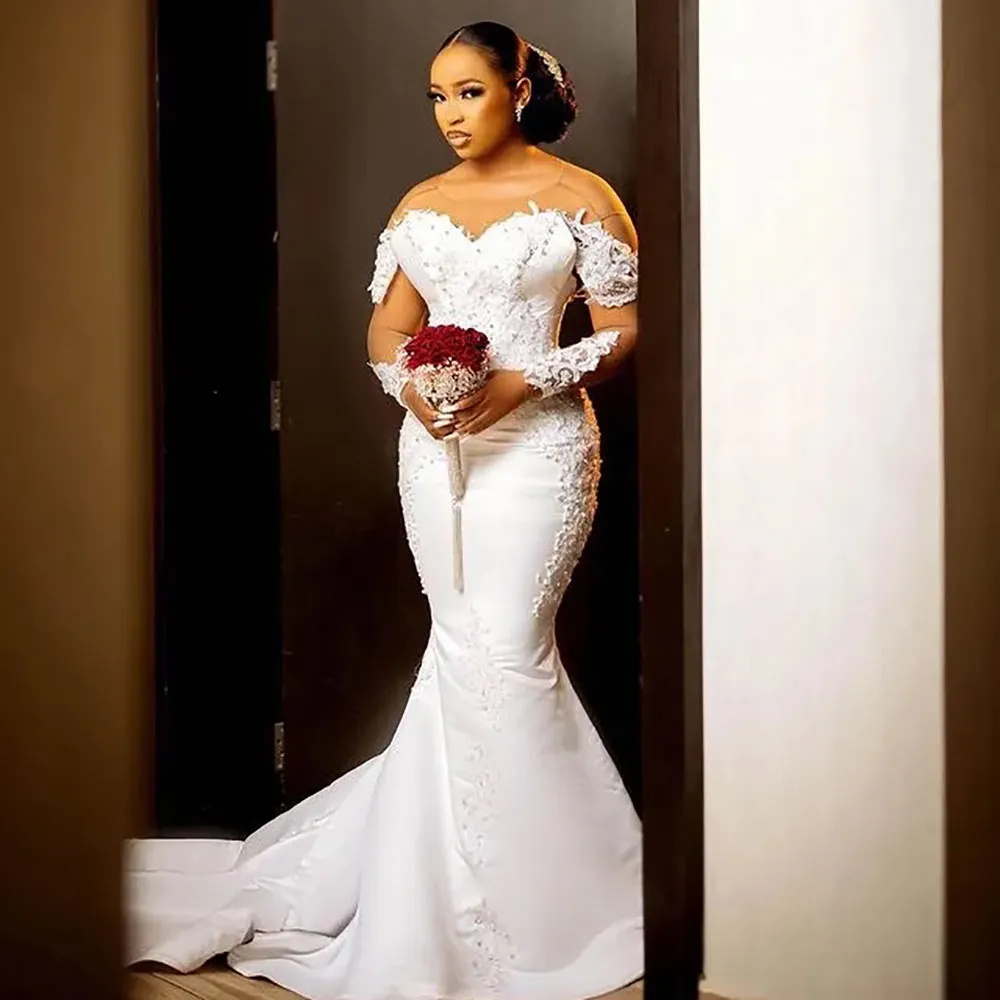Sexy White Ivory Sweetheart Mermaid Wedding Dree Formal Trumpet New Plu Size Cutom Lace Up Blackle Long Sleeve Satin Applique Beaded Illuion