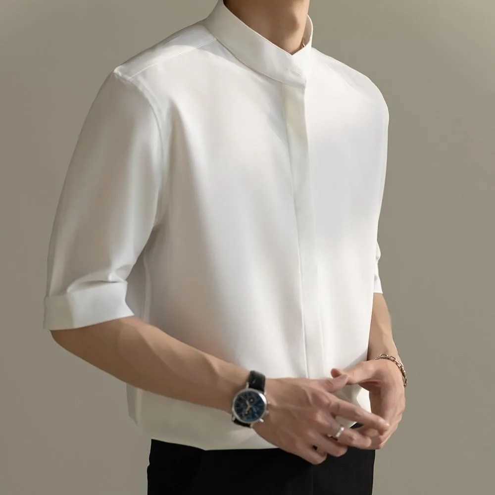 Mens stand up collar floral shirt with retro casual buttons and half sleeves mens casual solid color luxury clothing W240911